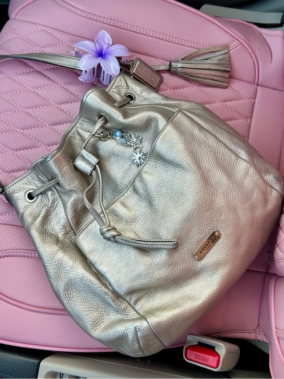 Coach Metallic Silver Drawstring Bucket Bag